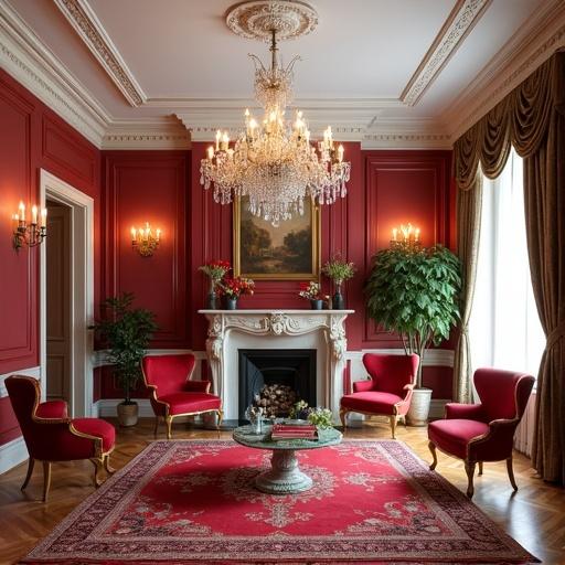 Photographic image of an elegant living room with burgundy walls and white and gold moldings. Features a white ceiling with gold accents and a parquet floor. Includes a red Persian carpet and a fireplace with deco style in red and green marbles. Luxurious atmosphere with soft lighting from crystal sconces and a chandelier.