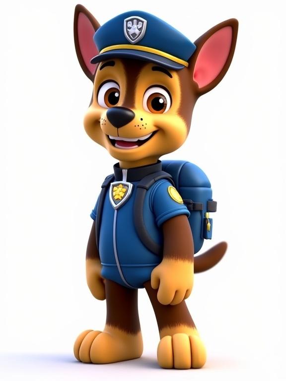 Create cartoon character based on Chase from Paw Patrol. Include police cap and backpack. Character has muscular body of boy wearing blue police uniform. Ensure proportions are balanced. Bright lighting in clean background.