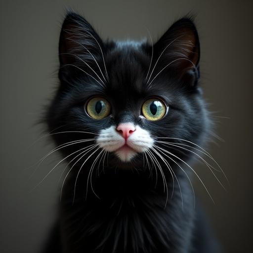 Create a realistic image of a black kitten with a white tuft on its head and a funny face.