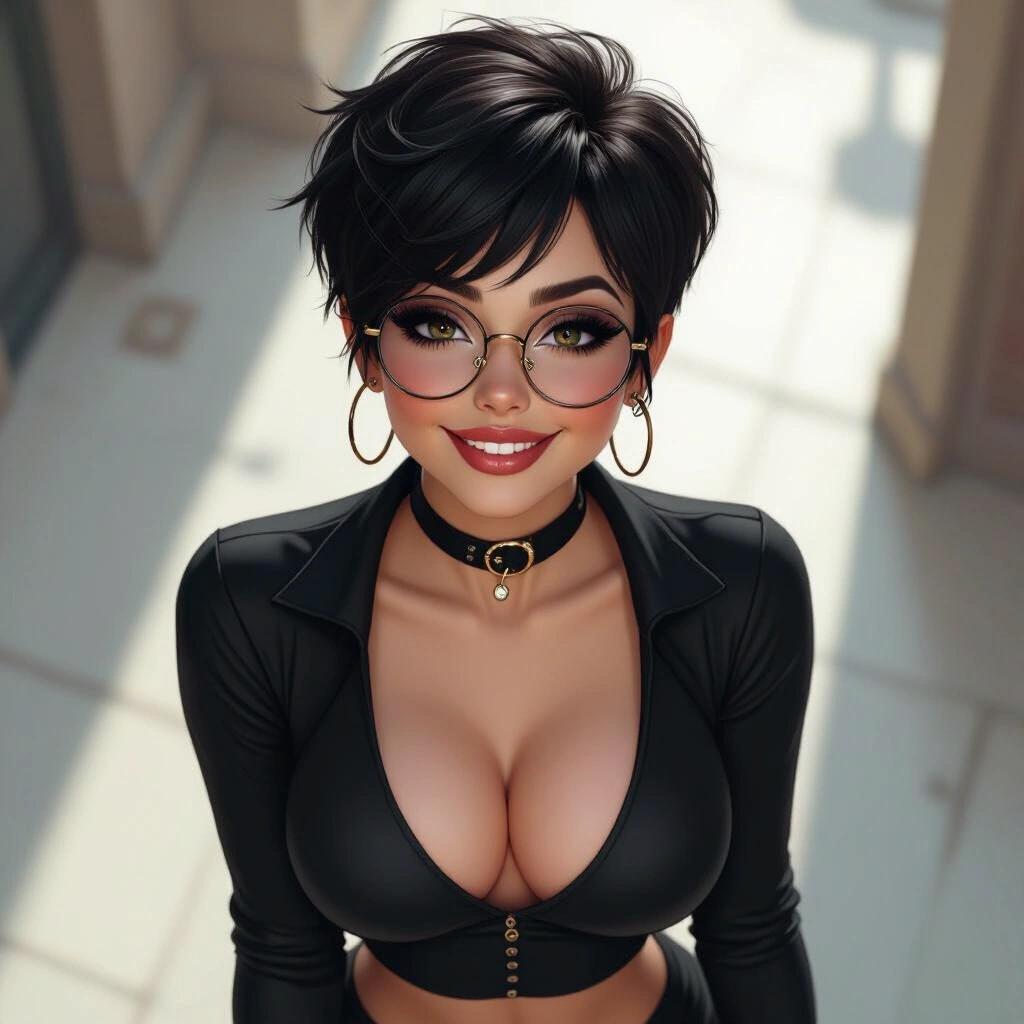 Realistic character with a pixie cut and goth style. Features wide hips and oversized breasts. Notable huge thighs and abs. Defined small waist. Unique face with dimples. Wearing round glasses and smiling.