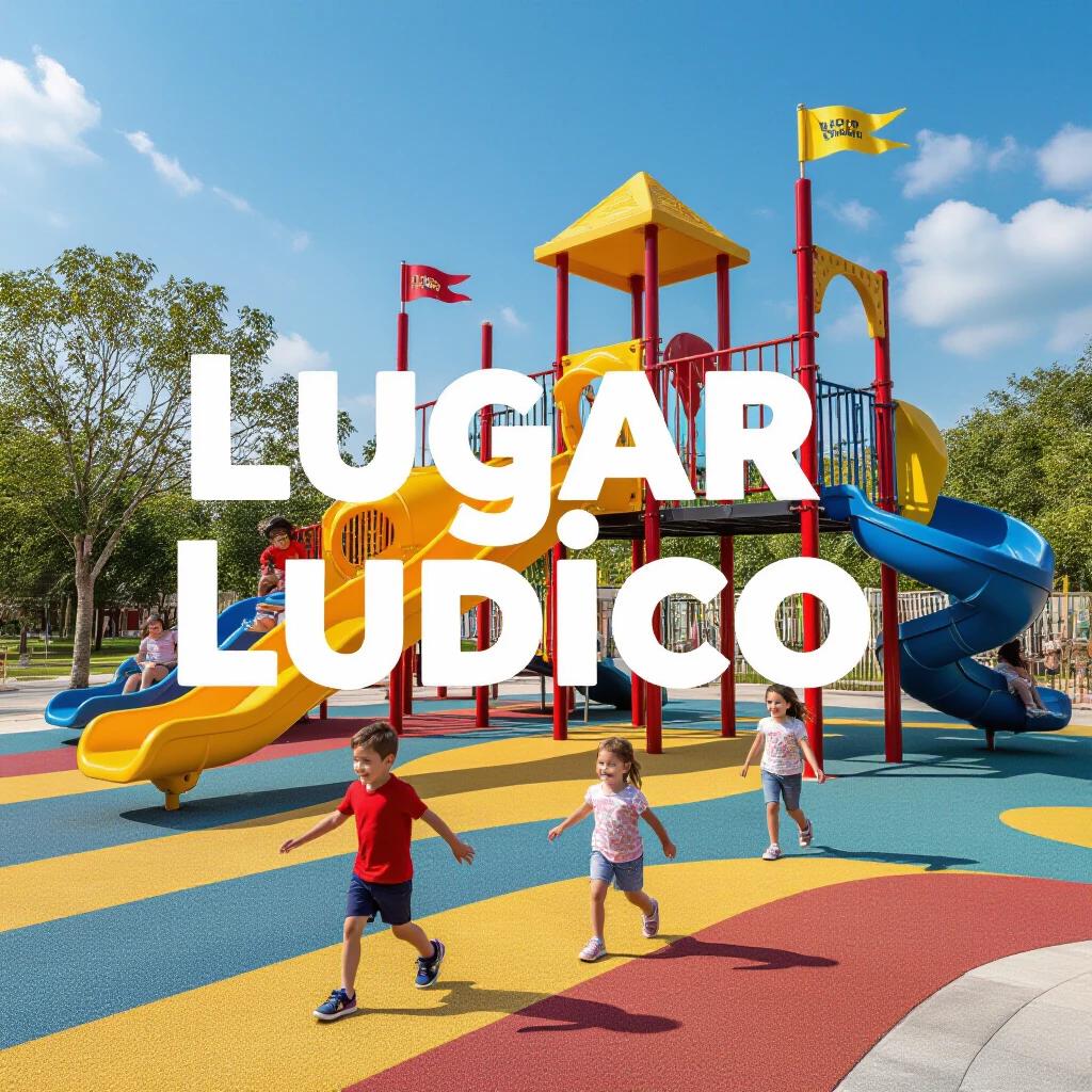 Colorful playground with children running and playing. Slides and climbing equipment visible. Bright day with blue skies.