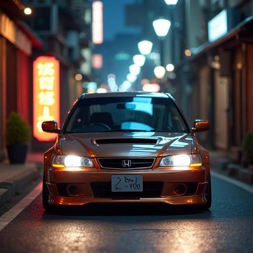 Detailed view of a 2000 Honda Accord with a wide body kit parked in a narrow Kyoto alley featuring Japanese architecture. The car has a custom carbon fiber hood and satin chrome silk copper wrap. The scene is foggy with street lamps creating a bokeh effect.