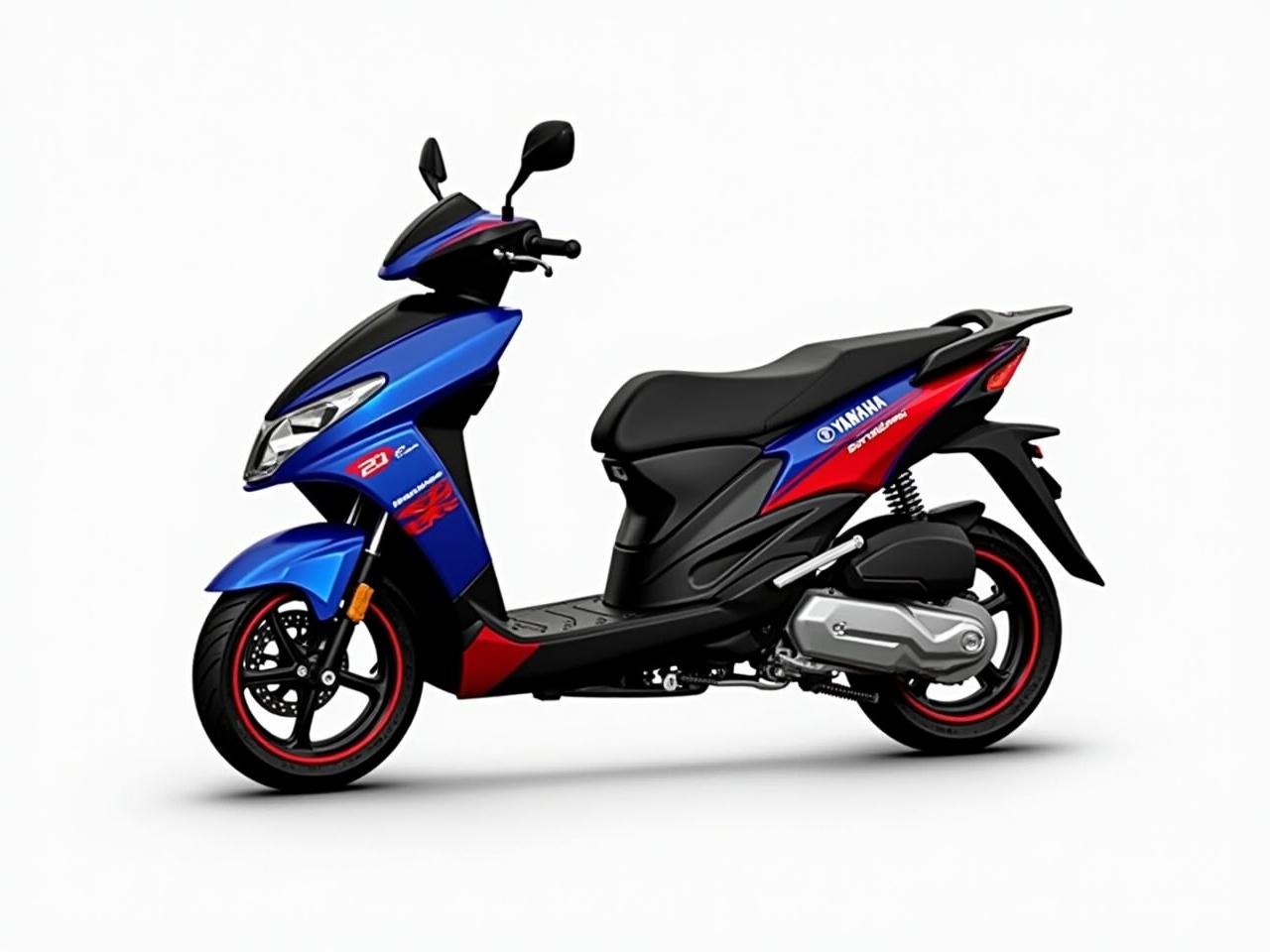 The image shows a modern scooter from Yamaha. It has a sleek design with a vibrant color scheme featuring blue, red, and black accents. The scooter has sporty features such as a unique headlight design and a comfortable seat. The wheels are bold with red rims, adding to its dynamic appearance. Overall, it looks like a stylish and contemporary mode of transportation, suitable for urban riding.