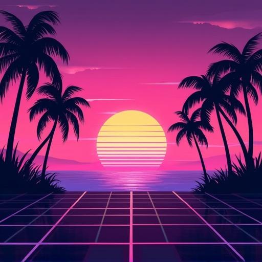 A retro synthwave sunset features palm trees silhouetted against a gradient of pink and purple. The scene includes a grid-style digital horizon, showcasing an 80s arcade aesthetic and a pixel art vibe.
