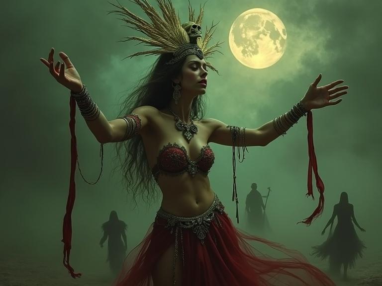 A dramatic dark sorceress casts a powerful spell. She has arms extended with swirling green-brown magic. A headdress features a skull and bone design. Wears intricate jeweled bikini top and a tattered long red skirt. Dark shapes roam in misty background. A large full moon illuminates the scene.