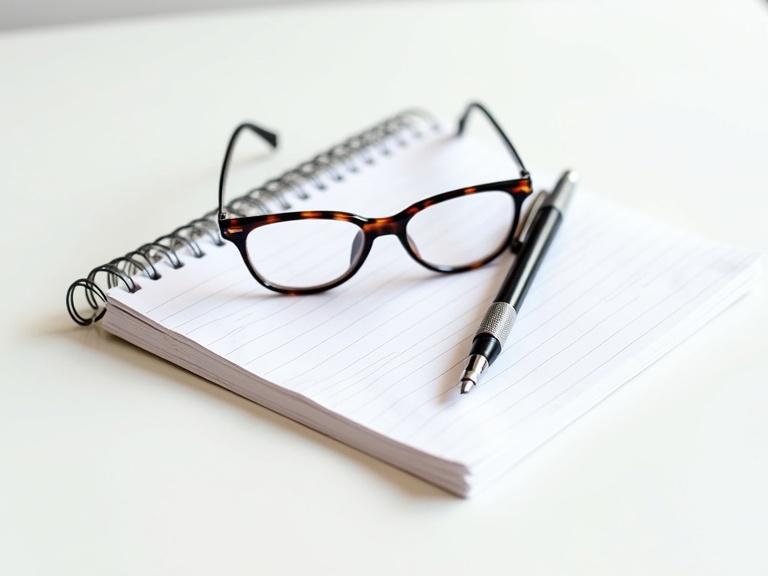 Photo of a small spiral-bound notebook on a white surface. Tortoiseshell glasses resting on the notebook. Black and silver pen lying diagonally across the notebook. Soft lighting and shallow depth of field. Clean and organized setting. Casual office scene. Close-up shot with focus on the notebook and glasses.