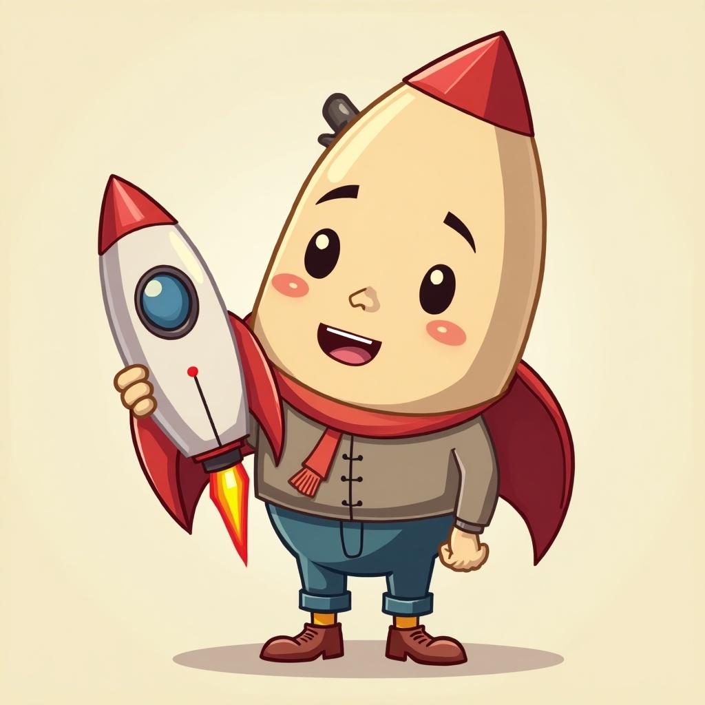 Cute cartoon character resembling a rocket holding a toy rocket. Character smiles and wears a scarf. Background is light and simple.