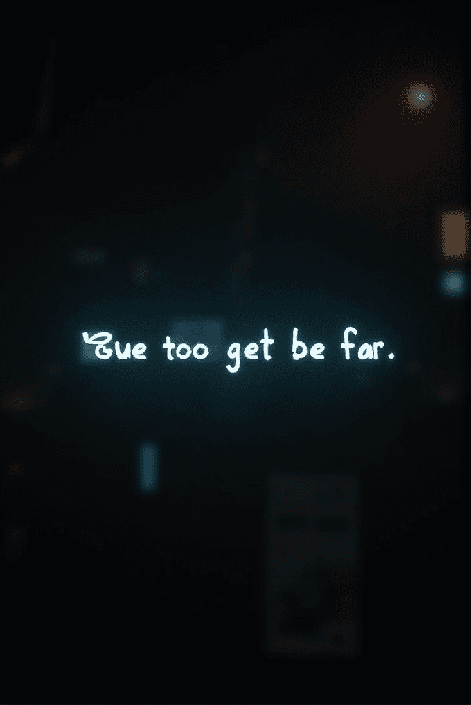 An illuminated text reads 'Due too get be far.' against a dark background.