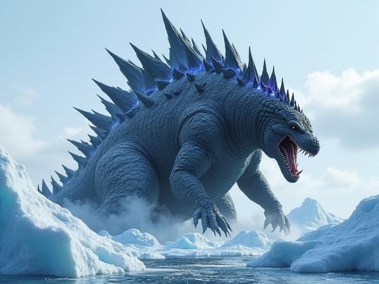 A massive cinematic depiction of Godzilla, with spiky features and a dark color palette. The creature is partially emerging from snowy glacier and ice. It roars amidst a sunny Antarctic landscape. The scene captures realism with detailed textures and effects.