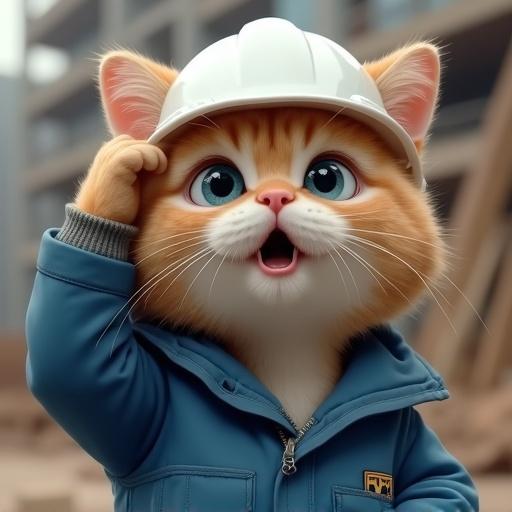 A semi-realistic cat wearing a white hard hat and blue work jacket. Cat has wide open eyes and raised eyebrows with mouth open in shock. Detailed fur visible. Background shows a construction site. Cat is tilting head and scratching its head with paw.