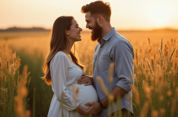 A pregnant couple stands in a sunlit field, smiling at each other.