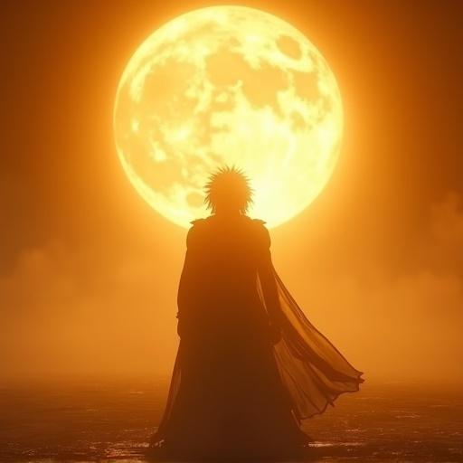 Dramatic moment with background music fading. Character stands in the arena with golden sun behind. Camera zooms in. Character is central figure.