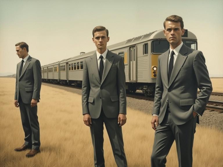 Surreal painting of three figures in suits. Train is visible in background. Pale color palette and flat lighting. Evokes a sense of strangeness.