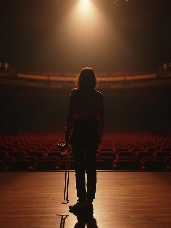 Cinematic shot featuring a girl trombonist on stage in an empty concert hall. She stands in a resolute posture, holding a shiny brass trombone. The scene has dramatic lighting, with a warm spotlight illuminating her against the dark background. The wooden stage and velvet seats create an intimate atmosphere. Shot at a low angle to emphasize her determination and focus.