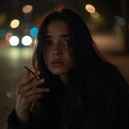 A young woman with long dark hair sits in a dimly lit park at night. She looks directly at the camera with tired red-rimmed eyes. A lit cigarette is held between her lips. Soft streetlights and distant car headlights create a warm glow in the background. Image has deep shadows and a gritty style.