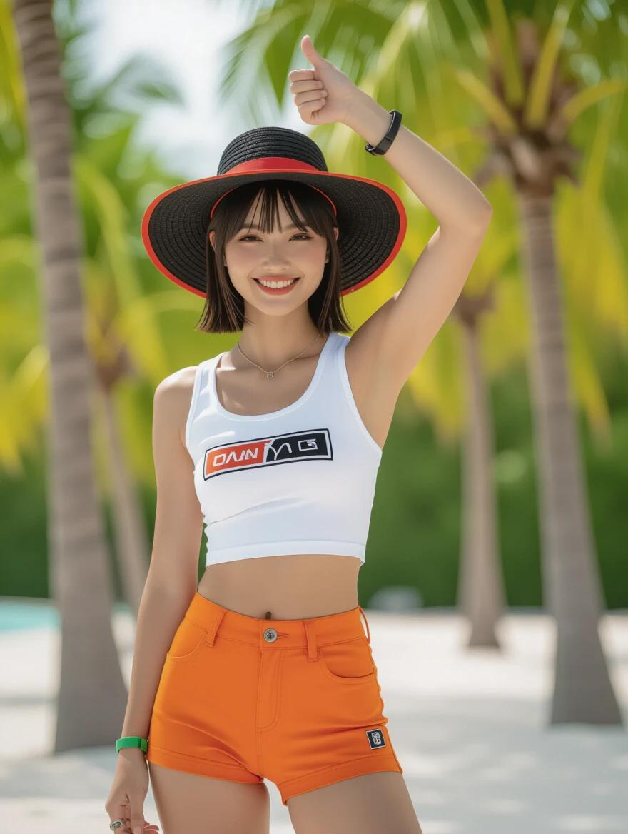 Photograph of a young woman with a slim physique and fair skin. She has short black hair with bangs. Wearing black wide-brimmed hat with red underside and white cropped tank top with graphic design. Tight fitting orange shorts with small logo. Green bracelet on right wrist and black bracelet on left wrist. Right arm raised giving thumbs up. Left arm relaxed at side. Smiling with eyes closed in tropical setting with palm trees. Feelings of playfulness and energy.