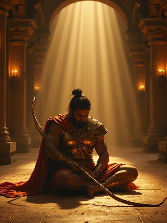 A grand ancient palace hall dimly lit with golden lamp light. In the center Karna the king with golden armor sits alone on the floor. His powerful golden armor is slightly dusty from battle. His head is lowered, one hand resting on his chest while the other hand is clenched on the floor. A soft divine light shines down on him, symbolizing inner dharma and truth. There are no people around, only silence. His eyes glisten with tears, reflecting loyalty and moral conflict. An untouched bow rests beside him.