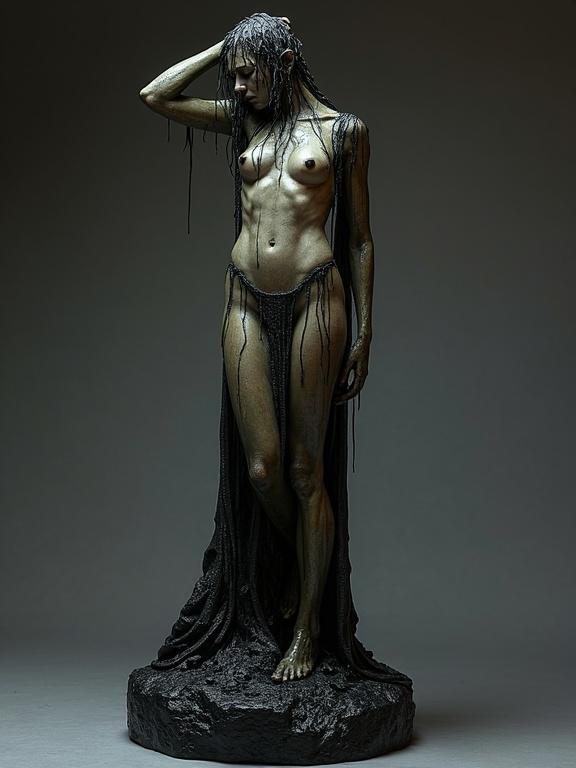 Sculpture of a wet goddess posing nude on a black lava base. The artwork shows a mysterious atmosphere and gritty textures in fantasy art style.