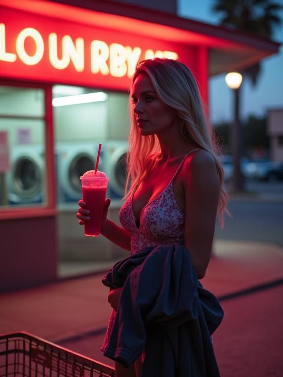 A woman stands outside a laundromat at dusk. Neon lights glow around her. She holds a Slurpee and a folded jacket. A laundry basket sits by her feet. Her sundress fits closely, and her expression shows tiredness. Photo taken from a car. The lighting colors blend softly.