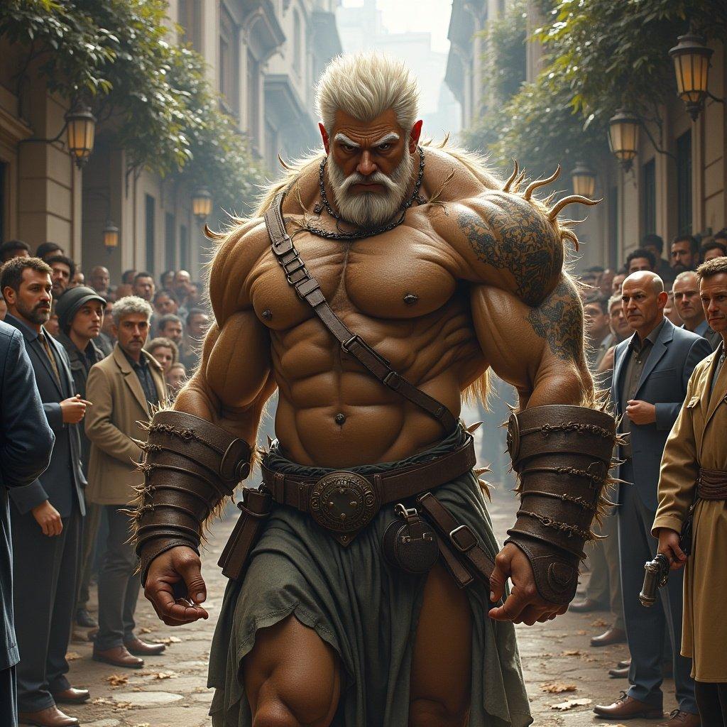 The image depicts a muscular character in a dynamic pose, set in a narrow street with a crowd of people watching. He has striking white hair and a rugged look, accentuated by tattoos, and is dressed in a warrior-like costume. The scene is filled with a warm, dramatic lighting that casts a heroic feel. The crowd appears captivated by the character, adding a sense of tension or excitement to the moment. The setting hints at a fantasy or action genre, fully immersing the viewer in its narrative.