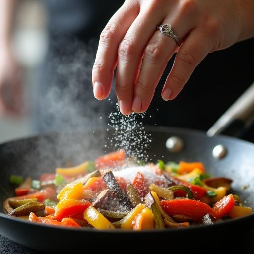 Close-up of a hand sprinkling salt over colorful stir-fried vegetables in a frying pan with steam rising. Focus on salt grains mid-air and vibrant vegetables.