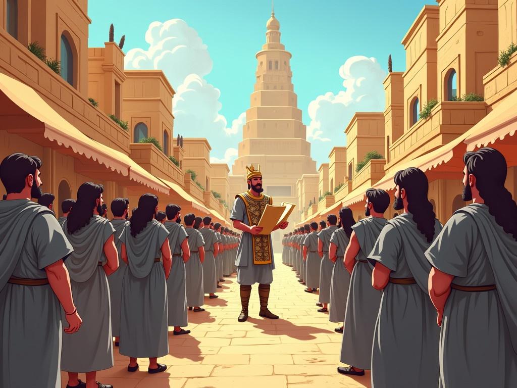 In ancient Babylon, a cheerful cartoon illustration depicts a bustling street filled with people wearing ordinary grey-colored robes. In the center, a soldier in a uniform stands proudly, reading a scroll aloud to the curious crowd. The onlookers, surprised and intrigued, engage in animated discussions among themselves about the contents of the scroll. Various vendors and shoppers populate the vibrant marketplace, showcasing the daily life of the city with their bright merchandise and lively interactions. In the background, the grand palace towers over the scene, symbolizing the king's authority and the magnificence of Babylon, with its impressive architecture reaching for the sky.