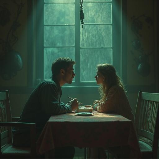 A dimly lit surreal room with two figures sitting at a table. The man interacts with an empty space. Soft film grain and vintage tones contribute to the atmosphere. The camera pushes in towards the man, symbolically distorting reality as it transitions. Objects and space melt and reshape with organic textures. The distorted forms reassemble. A woman appears at the table in the same pose.