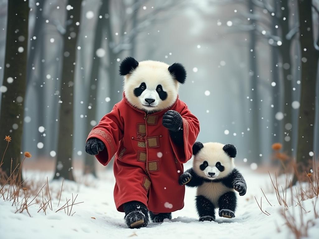 In a snowy forest, a giant panda dressed in a red traditional robe walks along a path between the trees. This panda carries a smaller panda on its side, both looking curious and playful. The larger panda's face shows a gentle expression, while the baby panda gazes around, intrigued by the winter scenery. Snowflakes softly fall around them, adding to the winter atmosphere. The tall, thin trees create a serene backdrop, and the ground is lightly covered in snow.