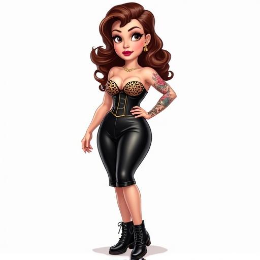 Full-body emoji-style illustration of a modern pin-up girl with compact proportions. She has a heart-shaped face and big expressive eyes with burgundy lips. Hair is chestnut with a retro fringe. Curvy body in a leopard print and black leather corset and high-waisted pencil skirt. Wearing black Dr. Martens boots. Features visible old-school tattoos. Colorful vibrant design with sharp details. Transparent background.