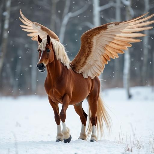 An elegant chestnut pegasus stands in the snow. Its wings are wide and magnificent. The pegasus has brown eyes. Snowflakes are falling around.