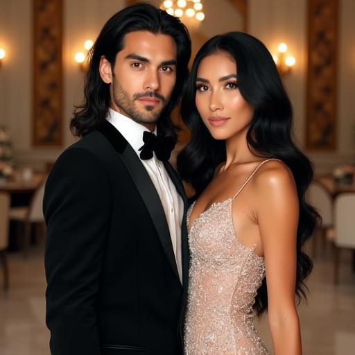 Handsome man with long black hair wears black tuxedo. Beautiful woman with long black hair wears sexy rose gold wedding gown. Both look directly at camera. Background shows elegant wedding hall with luxurious decorations and soft lighting. Image is realistic and highly detailed.
