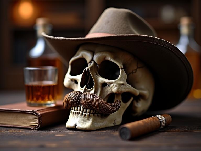 A close-up 4K image of a masculine skull with a cowboy hat and mustache. The skull is set on dark wood next to a leather book, whiskey glass, and cigar. The scene features warm light typical of a cozy study or den.