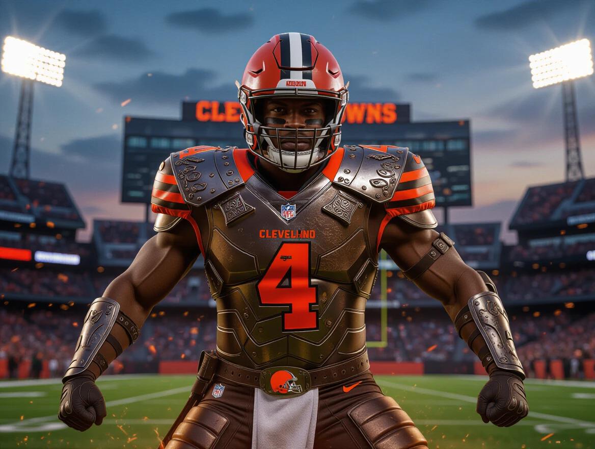 Hyper-realistic action portrait of a Cleveland Browns American football player in medieval-inspired armor. The player wears rich brown and burnt orange accents and displays the number 4 on the chestplate. The background features the Cleveland Browns Stadium under dramatic skies. Intense atmosphere with sparks and motion blur.