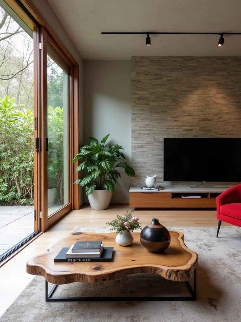 Modern living room with concrete core activation design. Features large glass doors and wooden louvered doors for natural light. Neutral color palette used. Abstract shaped coffee table made from wooden log with chrome black legs. Decorated with books, flower vase, and ceramic art. Lush green plants added to the decor. Accent red chair present. Large TV on wooden console with stone wall behind it. Equipped with track lights and recessed lights on the ceiling.