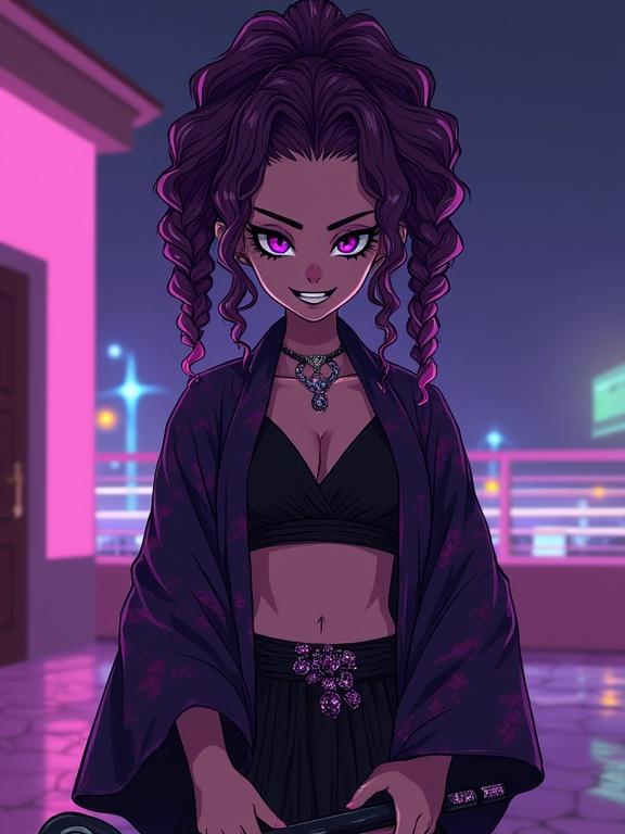 Anime inspired character in a luxurious hotel suite. Teenage girl with amethyst purple eyes and curly braids. Wearing a galactic yakuza ninja kimono. Holding a katana, ready for action. Night setting with neon lights. Amethyst and black color scheme.