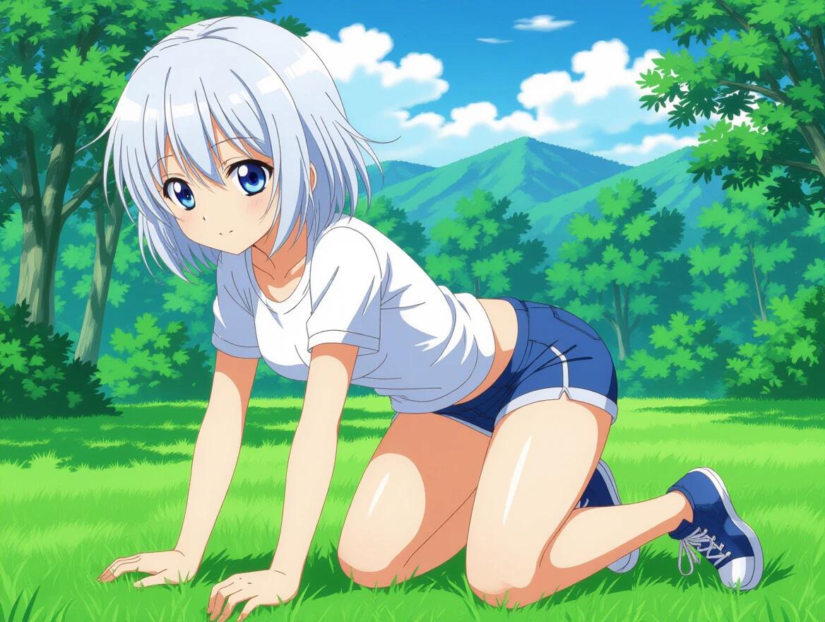 Anime character with short white hair and blue eyes wears a white T-shirt and blue shorts. The character is on all fours posed in a lush natural setting with a green grass background and blue sneaker footwear.