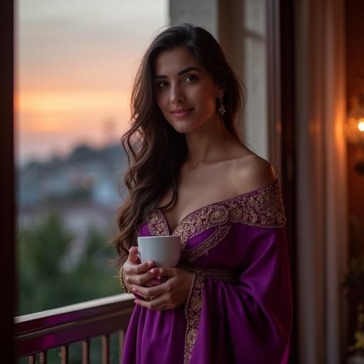 A Middle Eastern woman stands near a balcony in her cozy home during dusk. She has fair skin with a curvy figure and dark brown hair draped over one shoulder. Wearing a royal purple evening gown with golden embroidery, the fabric flows elegantly. She holds a cup of jasmine tea and touches her dress. The room has warm ambient lighting. Her smile is playful and charming, reflecting grace and confidence.