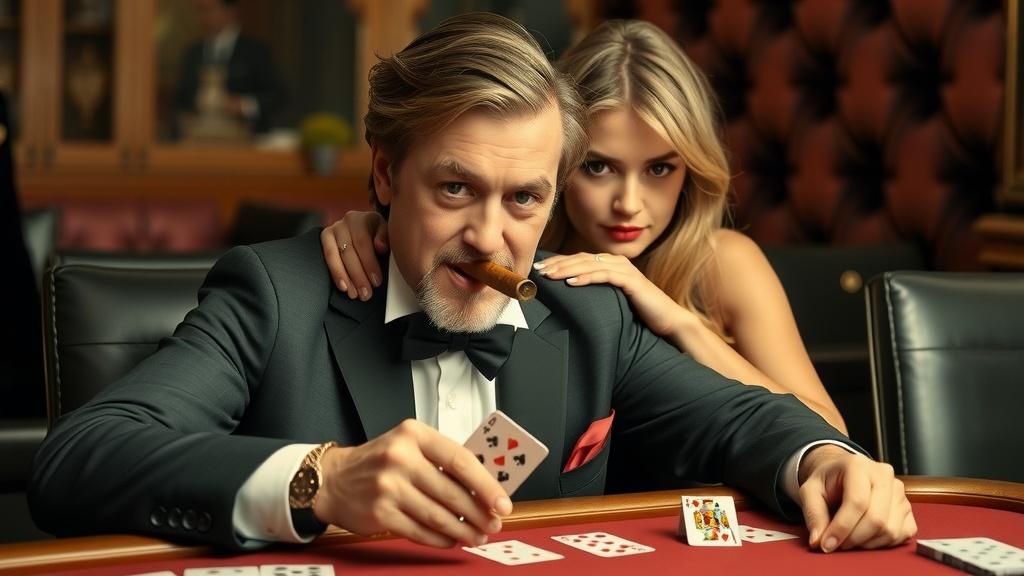 A sophisticated scene unfolds at a high-stakes poker game, where an elegantly dressed man holding an ace card, smokes a cigar with a calm, confident demeanor. A woman, equally poised and stylish, gently rests her hand on his shoulder, adding an air of allure and tension to the gambling environment. The rich decor of the casino adds to the image's opulence and intrigue.