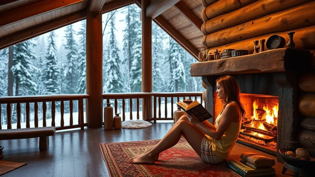 A woman sits comfortably on a rug in a rustic log cabin, enjoying a book by the warmth of a crackling fireplace. Through large windows, a picturesque view of a snow-covered forest is visible, enhancing the peaceful ambiance. The warm glow from the fire lights up the room, complementing the rich wooden interior and creating a welcoming atmosphere.