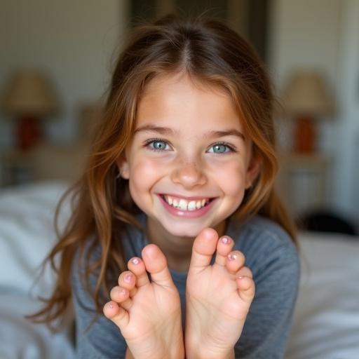 Cheerful girl with vibrant brown hair sitting on bed showing toes. Bright blue eyes with joyful expression. Casual grey shirt. Soft natural light creates warm atmosphere. Cozy bedroom in background.