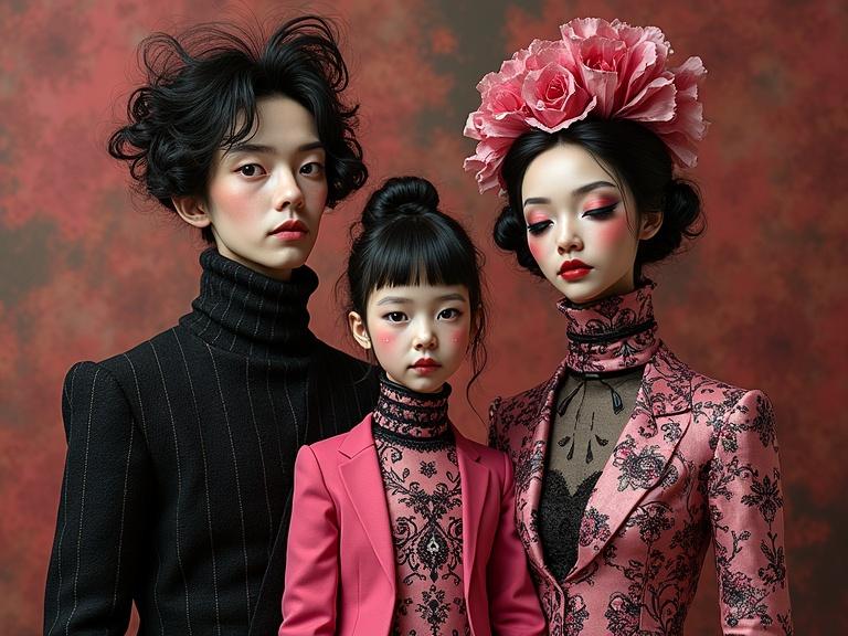 A whimsical surreal portrait featuring a family dressed in eccentric pink and black attire. They showcase intricate clothing patterns, including pinstripes and paisley designs. The background offers a contrasting mix of brown and red tones, inspired by lyrical abstraction and elements from the Harlem Renaissance. The style reflects influences from Kandinsky, Studio Ghibli, and Gustav Klimt, focusing on hyperdetailed and whimsical elements.