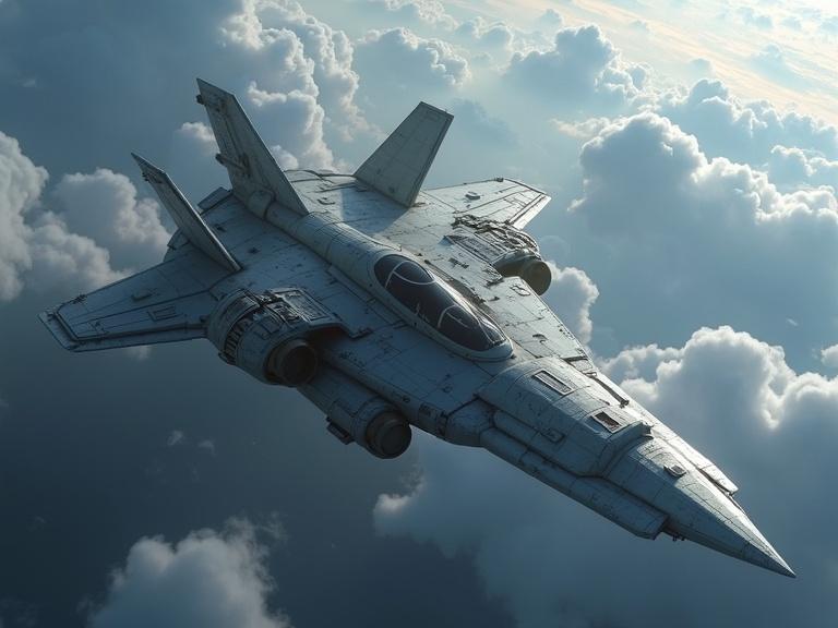 Image of a military sci-fi dropship made of grey, specular, hard, burnt, and scratchy metal textures. Dropship flying in a blue and white atmosphere with clouds, detailed realism, shadows, and textures in 4K quality.