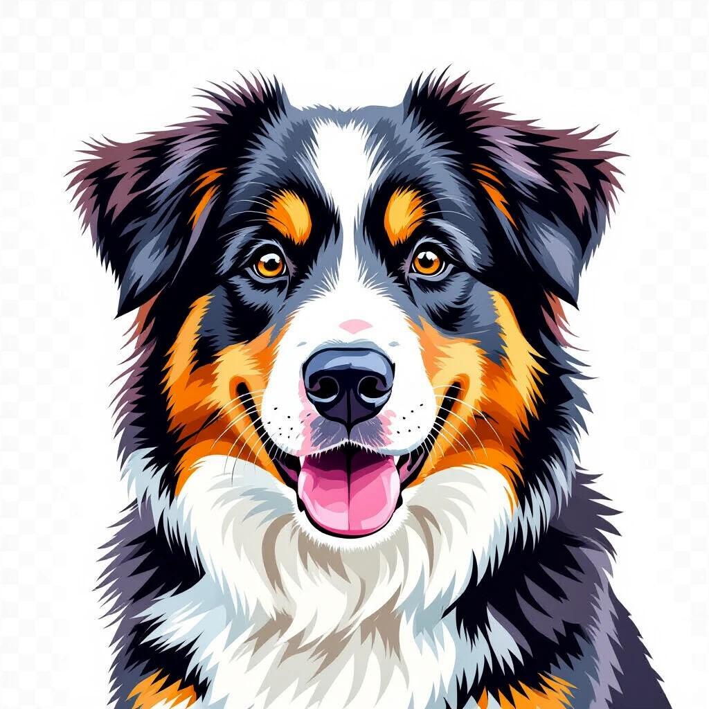 A vector illustration of a happy dog with a transparent background. The dog has a joyful expression and fur with black, brown, and white colors. The design is vibrant and suitable for various applications.