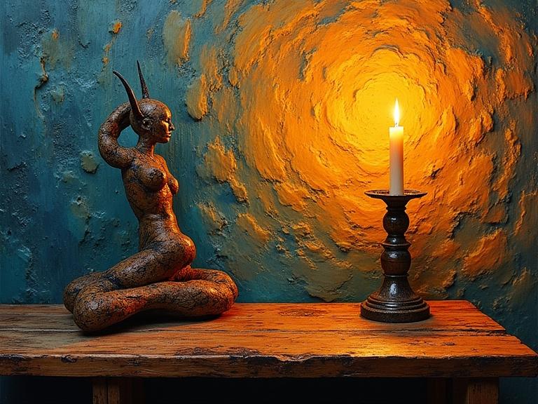 A still life with a wooden table and a tribal erotic sculpture. A flickering candle emits golden light. The background features a textured, swirling wall in bold colors, similar to Van Gogh's style. Shadows and textures are emphasized by candlelight.