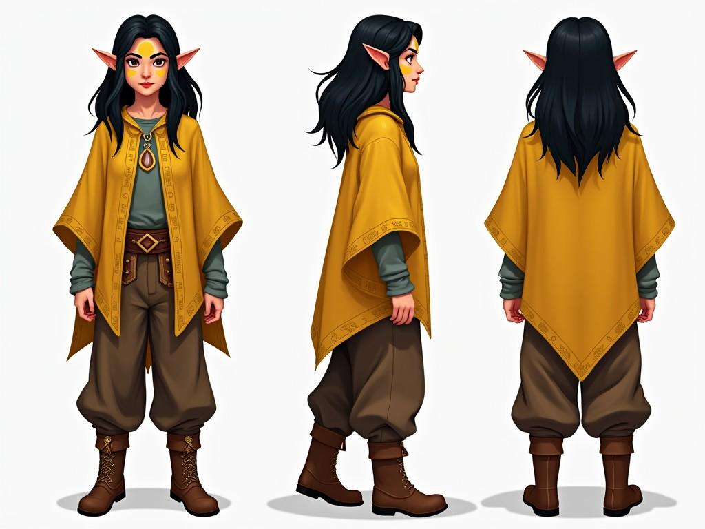 A young female elf with medium length black hair stands confidently. She wears a fantasy-inspired yellow poncho adorned with intricate runic details. Her brown baggy pants and leather boots give her a practical yet stylish look. The elf features distinctive yellow circular face paint, adding to her unique character design. The image presents her in three views: front, side, and back, allowing for a detailed perspective of her outfit and appearance.