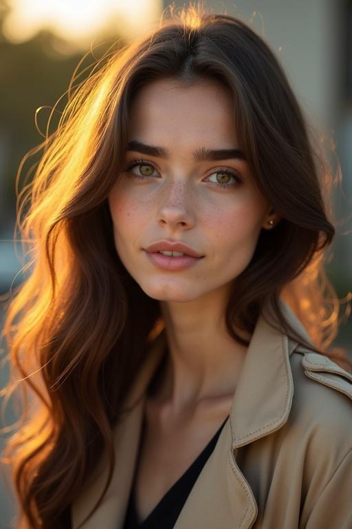 Portrait of young woman with long wavy light brown hair and middle part. Hazel eyes with golden tones and natural brows. Light skin with warm undertones and subtle freckles across the nose. Wearing beige jacket over dark shirt. Calm expression with no makeup. Soft golden hour sunlight lighting. Ultra-realistic skin texture.