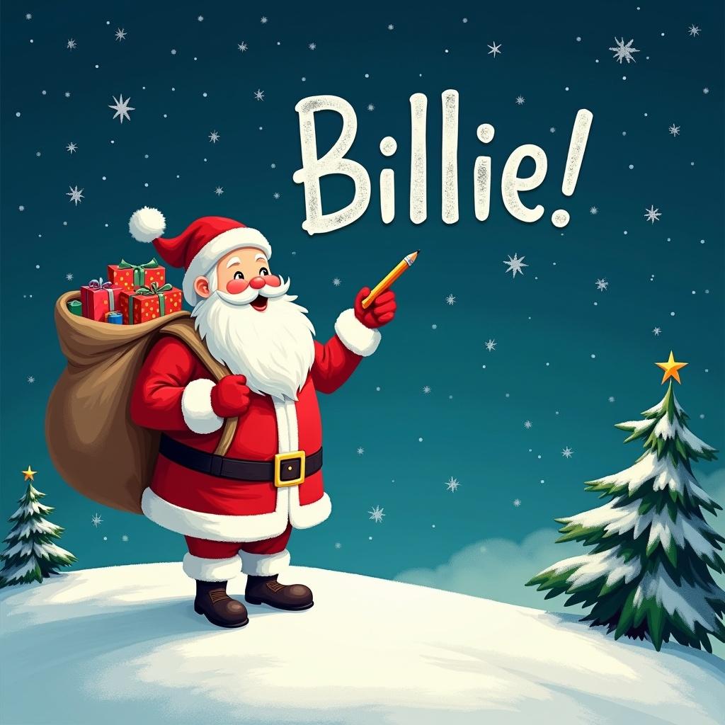 Santa Claus stands on a snowy hill under a starry night sky. He holds a pencil and looks up writing names in the sky. He wears a traditional red and white suit with a large sack of gifts. The night is bright with twinkling stars and the word 'Billie!' in whimsical font.