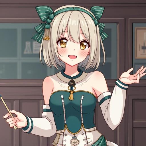 Fantasy character in stylish outfit standing confidently. Teal accessories and elegant attire. Soft lighting highlights outfit details. Creative artwork inspired by gaming culture.