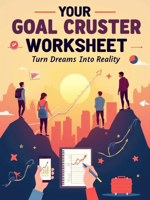 Bold motivational design for goal setting worksheet. Group of diverse people standing on peaks shaped like checkboxes. Sunrise over city skyline in background. Foreground shows a notebook with pen and smartphone. Roadmap lines connect to stars. Icons for suitcase dumbbell and laptop included. Vibrant sunrise colors with gradients. Text overlays Your Goal Crusher Worksheet Turn Dreams Into Reality in strong font. Semi-realistic style with soft lighting and inspirational energy.