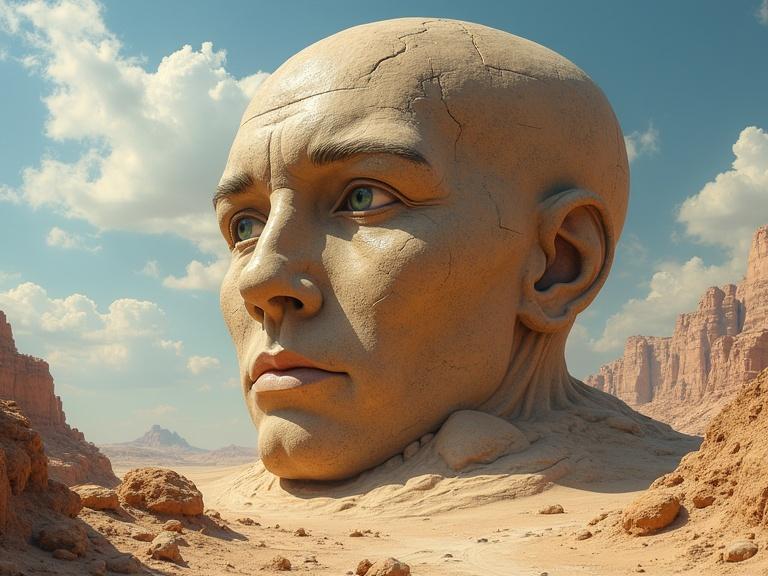 Large humanoid stone face in a desert. Detailed and complex features. Fantasy landscape. Influenced by surreality and the style of Jim Burns. Dynamic and epic aesthetics.